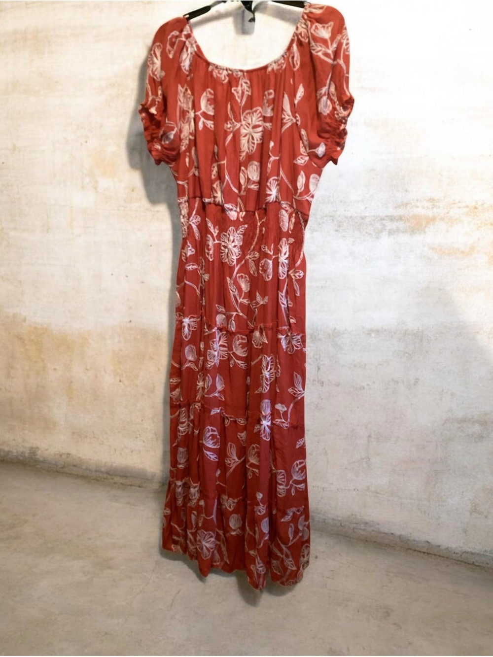 Rust Floral Maxi Dress with Gathered Neckline - Picture 4 of 13